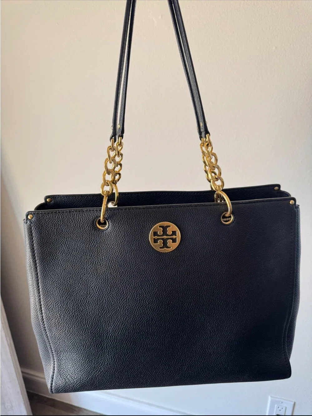 Tory Burch Black Pebbled Leather Tote with Gold Logo and Chain Straps